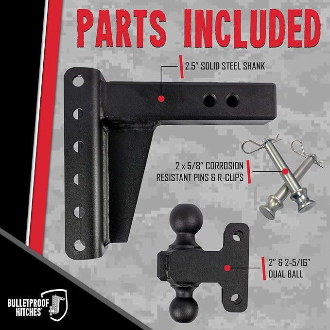 BulletProof Hitches - 2.5" Adjustable Extreme Duty Trailer Hitch (36,000lb. Rating) - 6" Drop/Rise with 2" and 2 5/16" Dual Ball - Powder Coat, Solid Steel, Corrosion-Resistant