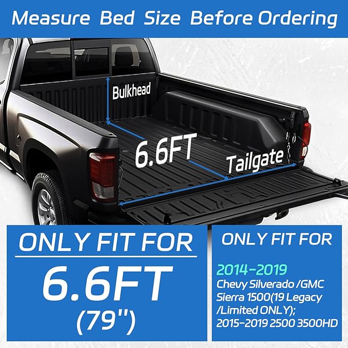 PZ Soft Roll Up Truck Bed Tonneau Cover Compatible with 2014-2019 Chevy Silverado GMC Sierra 1500 (19 Legacy/Limited ONLY); 2015-2019 2500 3500HD Fleetside 6.6 ft Bed