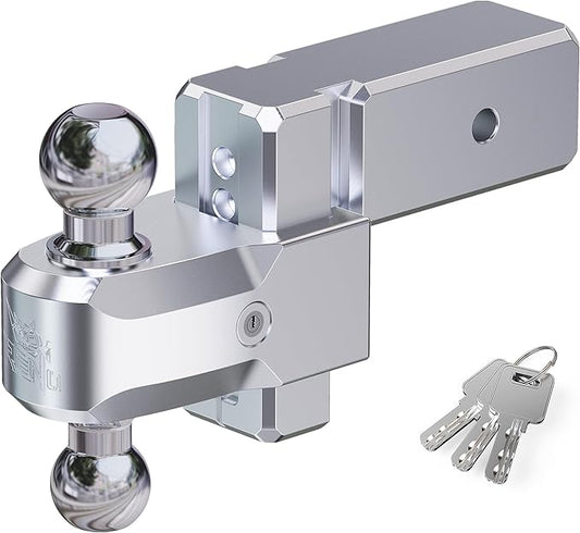RENO Adjustable Trailer Hitch (Fits 3-Inch Receiver) - Heavy Duty Aluminum Tow Hitches with 4-Inch Drop/Rise for Truck (21,000 LBS GTW) - 2" and 2-5/16" Dual Ball Mounts