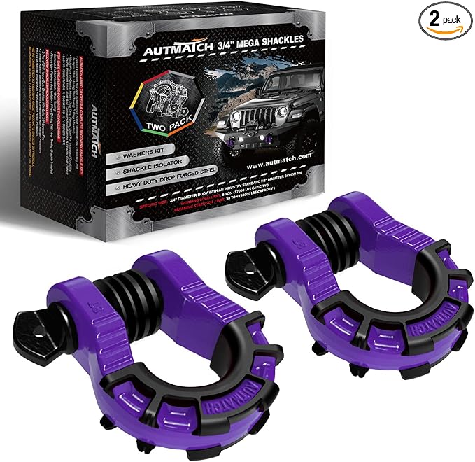 AUTMATCH D Ring Shackles 3/4" Mega Shackle (2 Pack) 68,000Ibs Break Strength - Heavy Duty Clevis Shackles with 7/8" Screw Pin and Isolator Washer for Tow Strap Winch Off Road Vehicle Recovery, Purple
