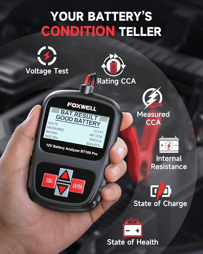 FOXWELL BT100 Pro 12V Car Battery Tester, Battery Load Tester, 100-1100CCA Automotive Alternator Tester Digital Auto Battery Analyzer for Car Truck Motorcycle SUV, Boat, RV, Marine & Pickup