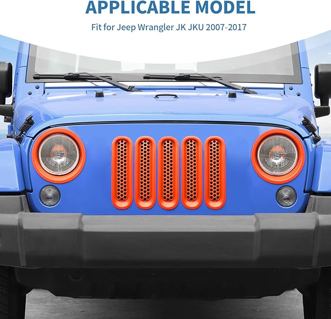 for Jeep JK Front Grille Inserts & Headlight Cover Trim Ring for Jeep Wrangler JK JKU 2007-2017 Orange Exterior Accessories 9pcs