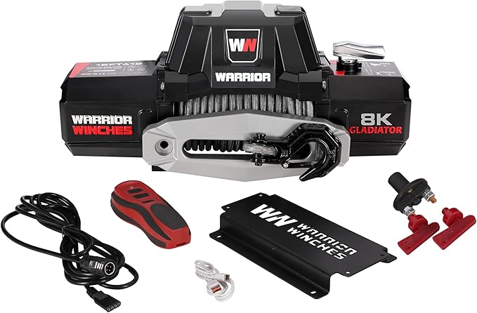 Warrior Winches Gladiator 8000lbs 12v Electric Winch with Wired/Wireless Remote with Synthetic Rope, for Truck, Boat Trailer, Jeeps, SUVs, 4x4, Trailer Winch, with Hawse Fairlead, IP68 Waterproof