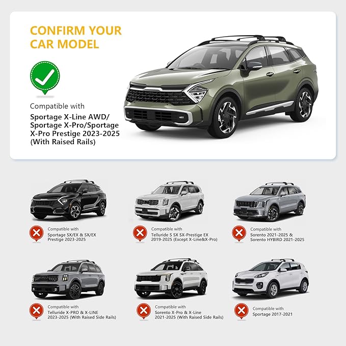 Roof Rack Cross Bars Compatible with Kia Sportage X-Line AWD/Sportage X-Pro/Sportage X-Pro Prestige with Raised Rails 2023-2026, Heavy Duty 300 LBS Anti-Theft Lock Cargo Carrier Crossbar for Bike