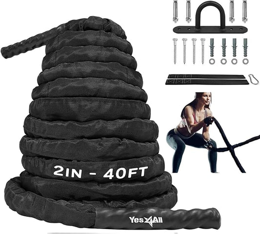 Yes4All Battle Ropes, Workout Rope with Cover, Steel Anchor & Strap Included, Heavy Ropes for Exercise Training - 1.5/2 Inch Diameter, 30, 40, 50 Ft Length