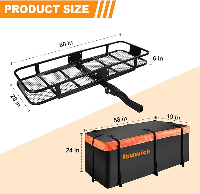 500LBS Folding Hitch Mount Cargo Carrier Basket 60x20x6” with 58x24x19 Waterproof Bag Rear Luggage Rack Basket, Hitch Mount for 2" Receivers, Powder Coating, Heavy Duty, Durable, Easy Assembly