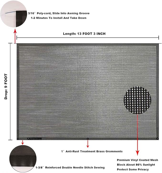 Tentproinc RV Awning Sun Shade Screen 9' X 13' 3''(Fit for 14' Awning) Mesh Sunshade Block UV Glare Motorhome Camping Trailer Awning Shadescreen SunBlocker - 3 Year Warranty (Black)