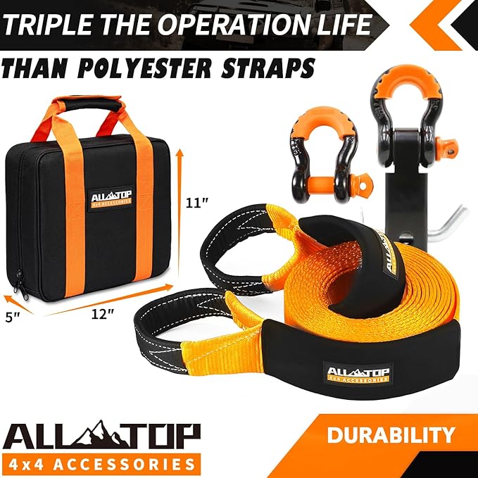 ALL-TOP Nylon Recovery Kit with Hitch Receiver: 3" x 30' (35,000lbs) 100% Nylon Snatch Strap + 2" Shackle Hitch Receiver + 3/4 HD Shackles (2pcs) with Isolator + Storage Bag