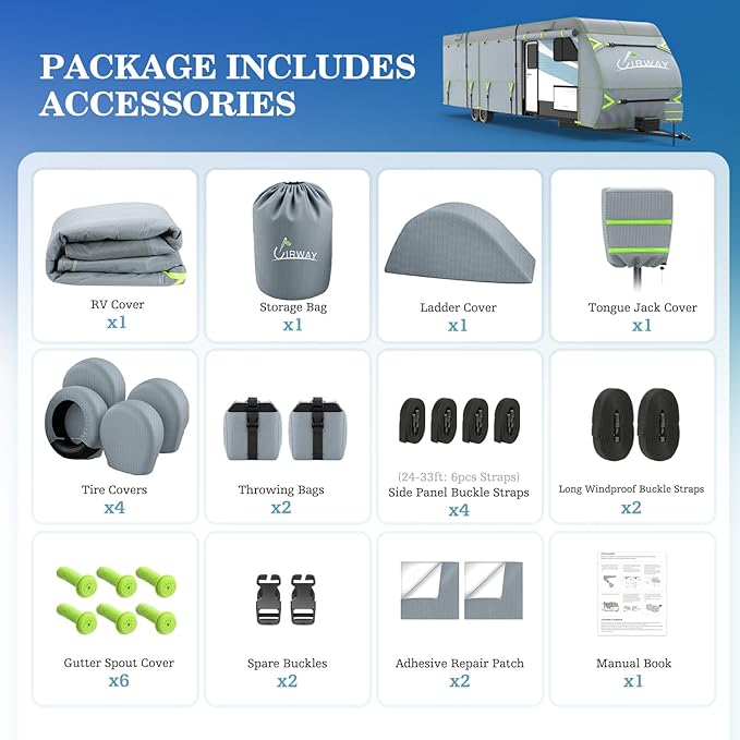 UIRWAY RV Cover 27-30ft Travel Trailer, Upgraded 7-Layers Camper Cover, Waterproof Rip-Stop Travel Trailer Cover with 4 Tire Covers, Tongue Jack Cover, Gutter Covers, Repair Patches, Windproof Straps