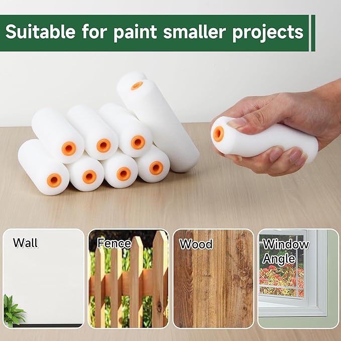VOOMEY Mini Paint Roller,Small Paint Roller,4-Inch Foam Paint Roller with Foam-Covered Ends,10 Pack 4 Inch Small Paint Roller Covers,Roller Paint for Painting Walls,Cabinets,Corner,Cupboards,Doors