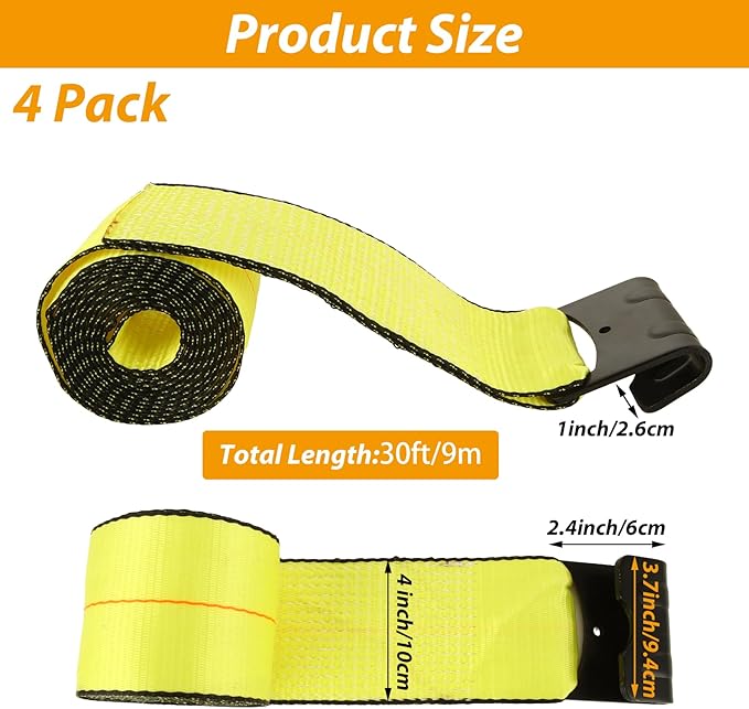 4 Pack 4" x 30' Winch Straps with Flat Hook, 16,200lbs Break Strength, 5400 lbs Working Load Limit Heavy Duty Tie Down Flatbed Straps Cargo Control for Flatbed Truck, Trailer, Yellow