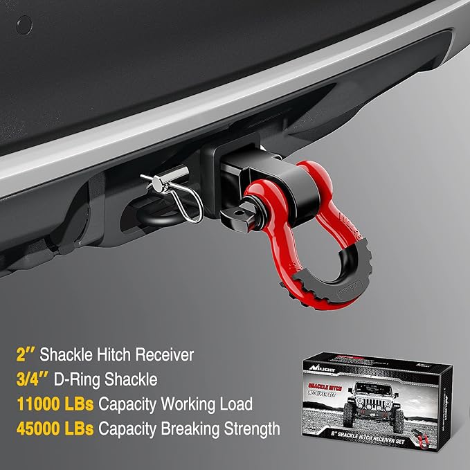 Nilight Shackle Hitch Receiver 2Inch 45000 LBs Breaking Strength 3/4" D Ring Shackle w/Trailer Hitch Pin Heavy Duty Solid Recovery Towing Kit for Trucks Jeeps Off-Road