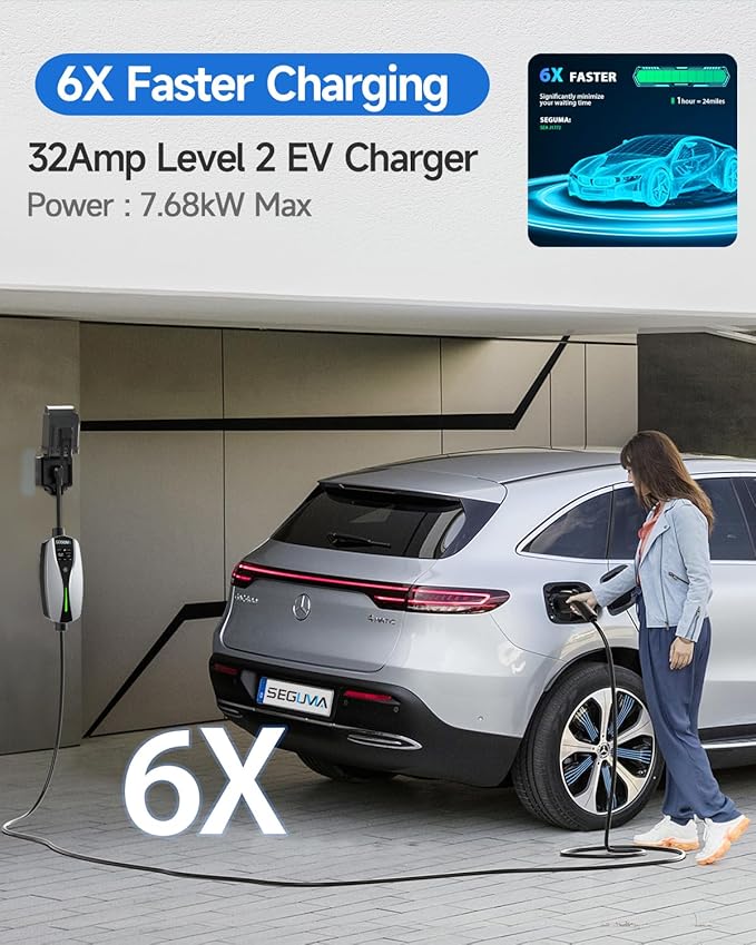 Level 2 EV Charger(32A, 240V, NEMA 14-50 Plug), Portable Electric Car Charger with 25ft Extension Cable, Adjustable Current, Home Outdoor Level 2 Mobile Electric Vehicle Charging Station