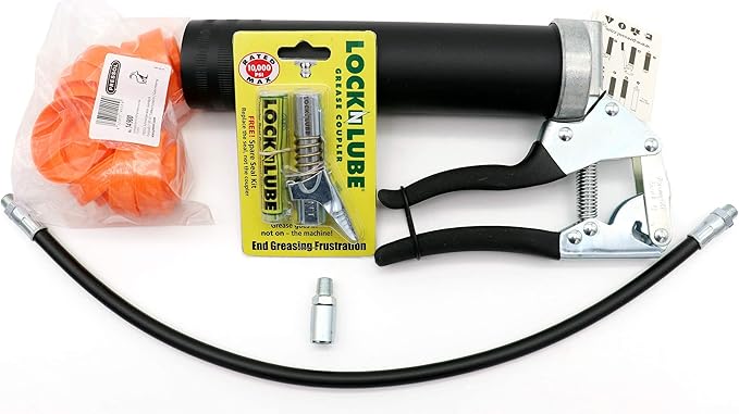 LockNLube Easy-Prime Pistol-Grip Grease Gun. Includes Our Patented Grease Coupler (Locks on, Stays on, Won't Leak!) Plus a 20" Hose and in-line Hose Swivel.