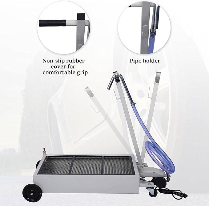 15 Gallon Oil Drain Pan with Electric Pump, Low-Profile Oil Pans for Changing Oil, T-Handle and J-Hook Makes Drain Easier, Gray