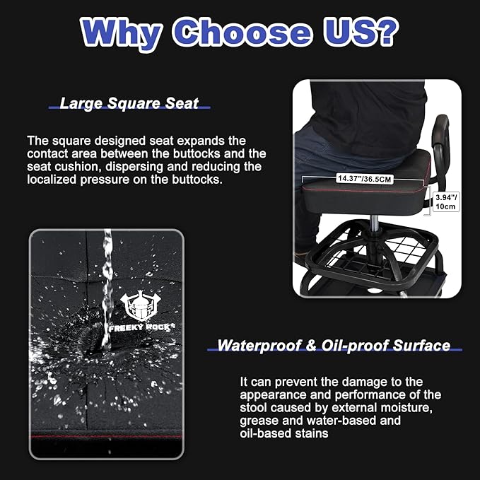 Rolling Shop Stool with Wheels, Garage Mechanic Shop Chair with Handle Backrest, Adjustable Height Work Stool, Roller Seat with Tool Tray Storage, Heavy Duty, 330 LBS Capacity, Black