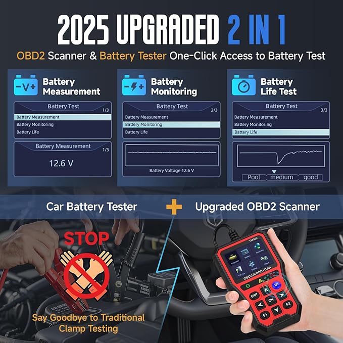 Bluetooth OBD2 Scanner with Battery Tester & Monitoring & Life Test - Support Checking Car Diagnostic Information on iPhone & Android, 2.8 inch HD Large Color Screen, TPU case Protection, Red