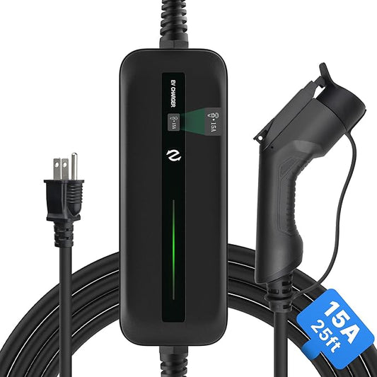Level 1 EV Charger, Portable EV Charger with 25ft Extension Cable, Nema 5-15 Plug 110V 15A, for SAE J1772 EVS and PHEVS