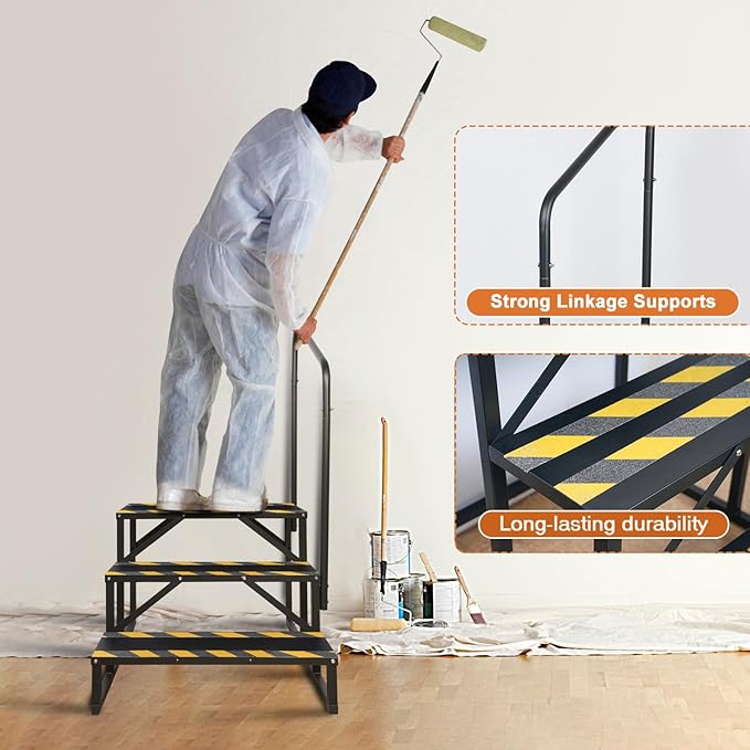 3 Step RV Stairs, Hot Tub Steps, Outdoor Spa Step Ladder with Handrail,Portable Economy 5th Wheel Stair for Travel Trailer, Motor Home, Camper and Porch with Non-Skid Tapes