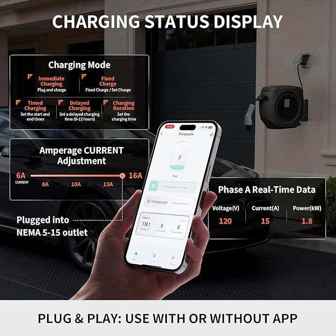 Level 1 EV Charger for Tesla – 110V 16A, 26FT Cable, NEMA 5-15 Plug, Wi-Fi Support, Portable Tesla Connector for Model 3/Y/S/X, Easy for Home or Travel (Black)