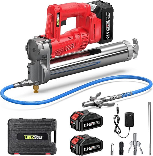 High-Efficiency Electric Grease Gun, 10000 PSI Battery Powered Grease Gun with 2 * 4.0Ah Batteries and Charger, for Farmers, Mechanics, and Equipment Owners, Red