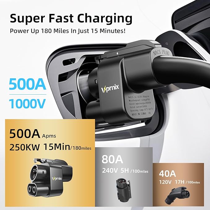 NACS to CCS Adapter, [500A/1000V,500KW Peak Power], Fast Charge Your CCS1 EVs at Tesla Superchargers, Supercharger Adapter Compatible with Ford, Mustang, Rivian, GM, Volvo and Polestar EVs