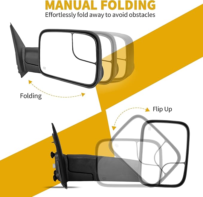 DWVO Side Towing Mirrors Compatible with 2002 2003 2004 2005 2006 2007 2008 Dodge Ram 1500, 03-09 Dodge Ram 2500 3500, Passenger Side Mirror with Power Heated Manul Folding, Black
