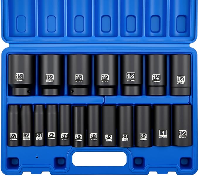 1/2" Drive SAE Impact Socket Set（3/8" to 1-1/2"),19 Pcs Heavy Duty CR-MO Deep Sockets,6 Point Design for Large Vehicle and Apparatus Maintenance