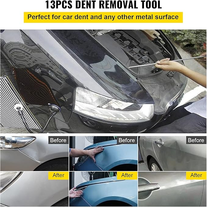 VEVOR Rods Dent Removal Kit, 13 Pcs Paintless Dent Repair Rods, Stainless Steel Dent Rods, Whale Tail Dent Repair Tools, Professional Hail Dent Removal Tool For Minor Dents, Door Dings And Hail Damage