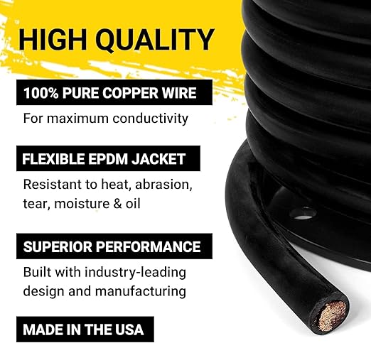 Spartan Power Welding Lead & Car Battery Cable - DIY Bulk Automotive Grade Copper Wire - 600 Volt, 1/0 AWG, 15 Foot, Black