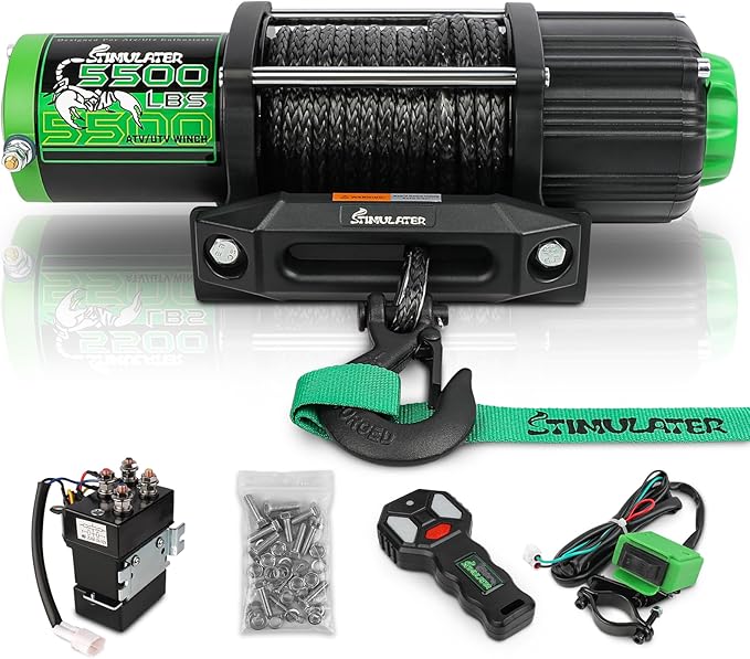 STIMULATER 5500LB ATV/UTV Winch,12V Electric Winch,Winch with 1/4'' x 50' Synthetic Rope,with Wireless Remote and Wired Switch,with Hawse Fairlead&Hook,IP67 Waterproof,Suitable for Most ATVs and UTVs