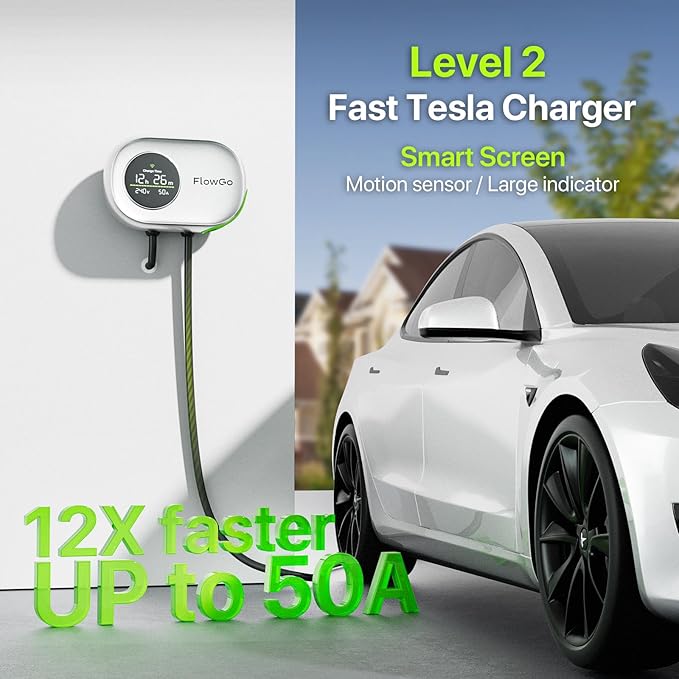 Tesla Charger Level 2 Hardwire 50A Smart Home Charger NACS 240V EV Chargers 50 Apms Large Motion-Activate Display Screen One-Piece Housing Metal Case 25 FT Cable NEMA 14-50 Plug