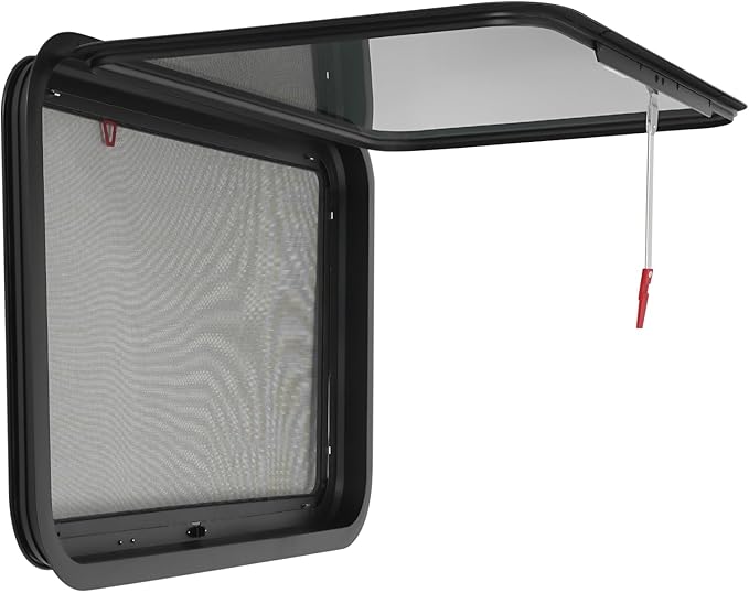 RV Exit Window, 36" W x 22" H Aluminum Camper RV Push Side Emergency Window Replacement Tempered Glass W/Trim Ring & Net Screen for Cargo Trailer Camper Van Truck