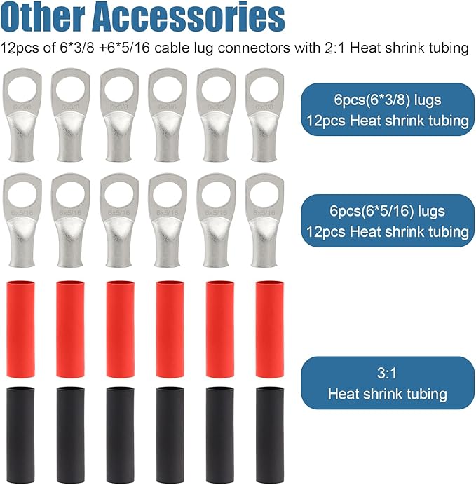 8 Awg Battery Power Cable -5FT Red + 5FT Black 8 Gauge Flexible Welding Cable OFC Copper Wire with Lugs Terminal Connectors and Heat Shrink Tube for Automotive, Battery, Inverter,Boat and Generator