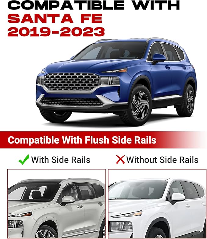 Nextgen Roof Rack Cross Bars for 2019 2020 2021 2022 2023 Santa Fe Anti-Theft Aluminum Lockable Cargo Bar Crossbars Surfboards Kayaks Canoe Luggage with Side Rails