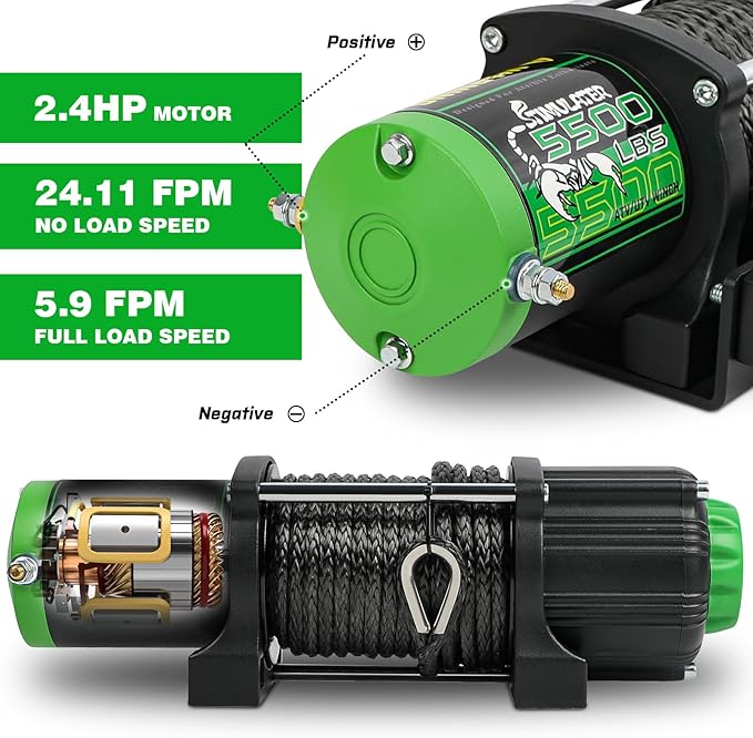STIMULATER 5500LB ATV/UTV Winch,12V Electric Winch,Winch with 1/4'' x 50' Synthetic Rope,with Wireless Remote and Wired Switch,with Hawse Fairlead&Hook,IP67 Waterproof,Suitable for Most ATVs and UTVs