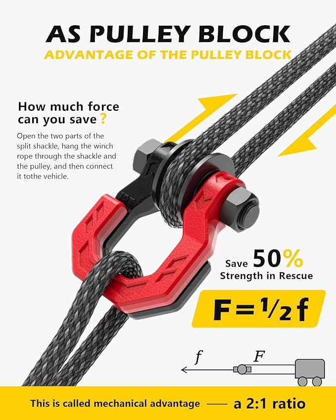 Separate D-Ring Shackle with Pulley Block, Towing Winch Snatch Block & 3/4" Separate D-Ring Shackle 2in1 Set, 57320lbs(26T) Breaking Strength, for Recovery, BlackRed