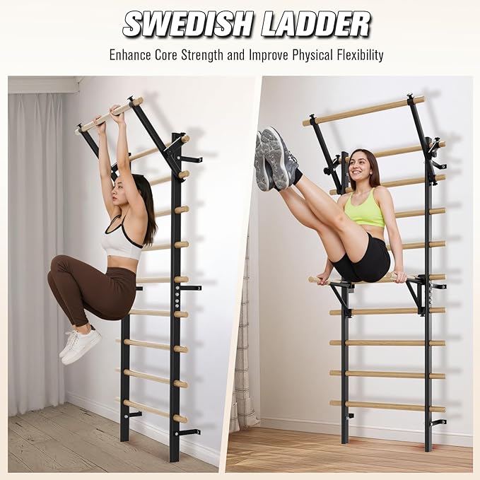 Swedish Ladder Wall Gym, Stall Bar Home Gym with Adjustable Pull-Up Bar, Dip Bar Attachments & 2pcs Resistance Band, 9 Strategic Rods for Core Strengthening and Stretching Balanced for Body Exercise