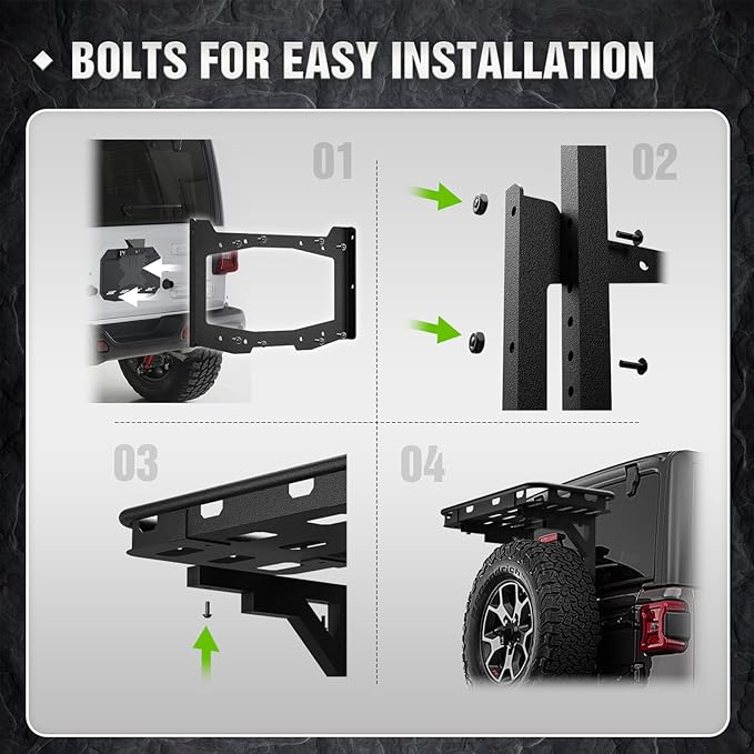 for Wrangler JL Spare Tire Cargo Rack Rear Luggage Basket on OE Tailgate Compatible with 2018 2019 2020 2021 2022 2023 2024 Jeep Wrangler JL & JLU 2/4 Doors, Cargo Storage Carrier Holder Stand