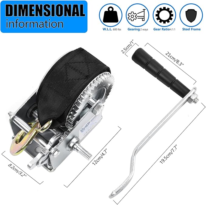 600lbs Hand Winch Heavy Duty Boat Trailer Winch Two-Way Ratchet Gear Crane Weight Translating Hand Crank Winch with 5m Nylon Strap for ATV Truck Towing Rope Winch