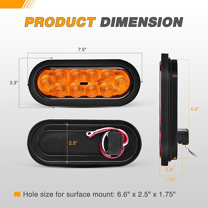 GOOACC 6Inch Oval Trailer Tail Light 2PCS 10LED Amber Turn Signals Lights w/Surface Mount Grommets Plugs IP67 Waterproof for Truck RV Tractor