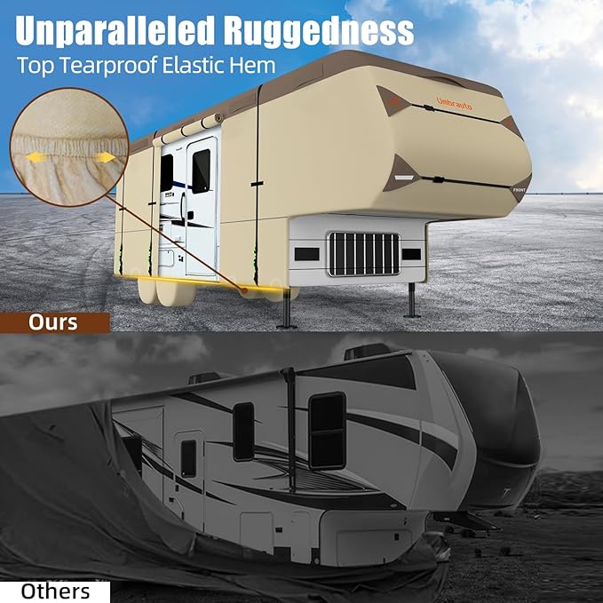 Umbrauto 5th Wheel RV Cover 7 Layers Top 3 Layers Side Waterproof Camper Cover for 34' to 37' Fifth Wheel Trailer with 4 Trailer Tire Covers, Tongue Jack Cover,Gutter Cover and Extra Windproof Ropes
