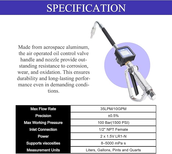 Digital Oil Control Valve Meter Dispenser, with 1/2" NPT Inlet, Digital Oil Control Valve Meter Nozzle Gun, with LCD Display, Air Operated Oil Control Valve Gun, for engine oil etc