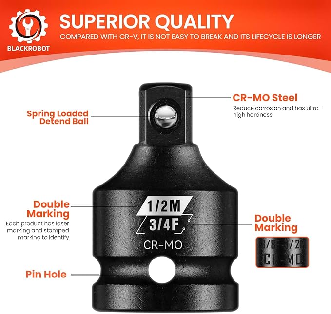 BLACKROBOT Impact Socket Adapter Set 8PCS, 1”3/4”1/2” 3/8”1/4”Square Drive, Reducer for Impact Driver Wrench Drive Conversion, Cr-Mo Steel Exceeds ANSI Standards with Portable Case