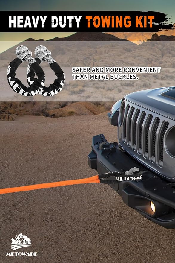 METOWARE Kinetic Recovery Rope (1’’ x 10ft) Offroad Tow Kit with 1/2inch x 22 Inch Soft Shackles，Heavy Duty Offroad Recovery Kit for UTV, ATV, Truck, Car