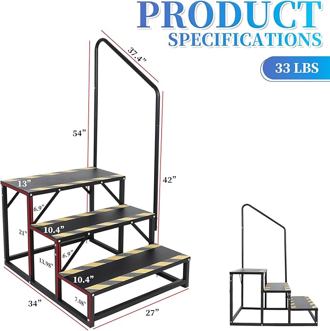 3-Steps RV Stairs with Handrail,Hot Tub Steps with Handrail 300LBS Load Capacity with Anti-Slip Skid Tape Portable Stairs for Travel Trailer,Mobile Home,Camper,Pool and Pet Stairs