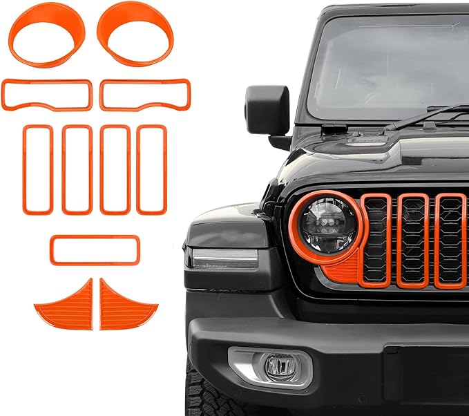 Front Grille Grill Insert+Headlight Turn Light Cover Trim Compatible with 2024-2025+ Jeep Wrangler JL JLU & Gladiator JT Exterior Accessories,Not Fit for JL Sport & Sports (Orange)