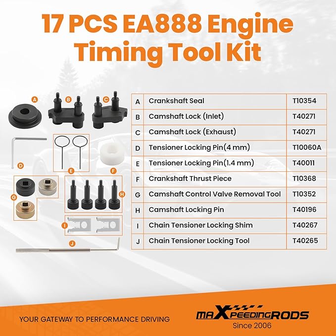 maXpeedingrods Engine Camshaft Crankshaft Timing Tool Kit for EA888 1.8 2.0 TSI TFSI, for Audi VW 2006-2018, T10352 T10368 T40196 T10354 T40011 T40271 T40267 T40098, 17 Pcs