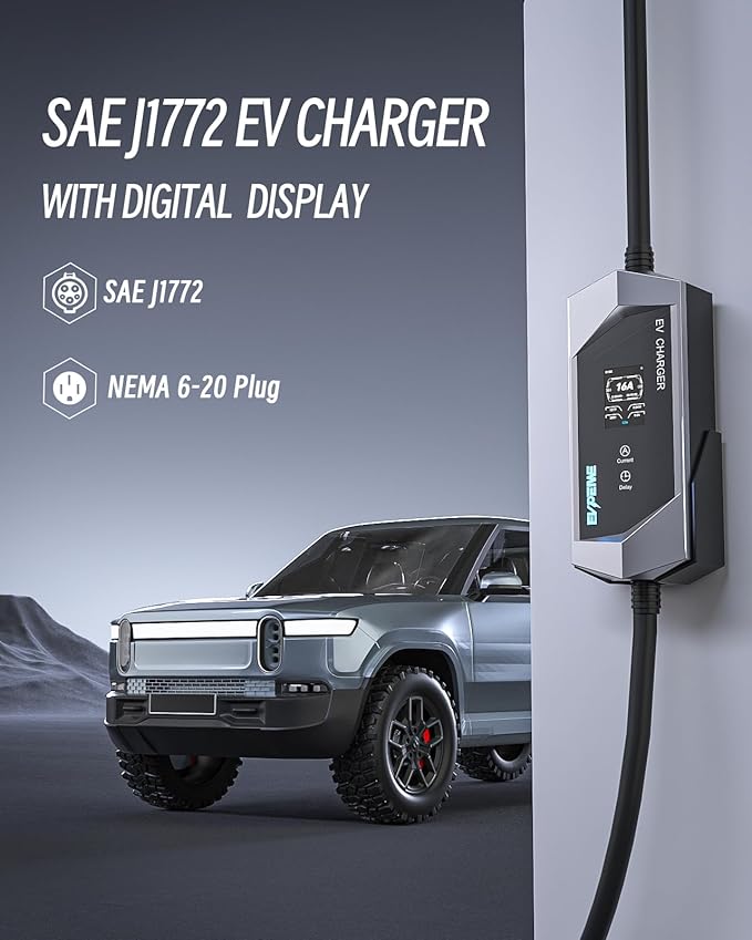 Level 1/2 EV Charger for SAE J1772, 16A 110-240V Portable EV Charger with NEMA 6-20/NEMA 5-15 Plug, 25ft Cable ETL Listed Electric Vehicle Charger for J1772 Electric Cars