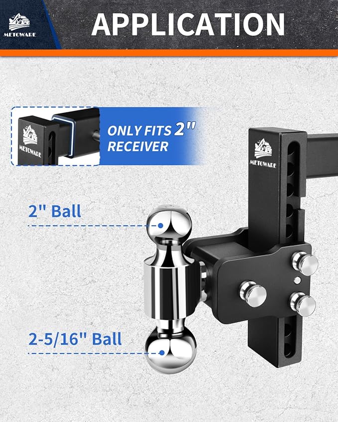 METOWARE Adjustable Trailer Hitches Fits 2-Inch Receiver - Adjustable Ball Mount with 8-Inch Drop/Rise (12,500 LBS GTW) - Dual Ball (2'' x 2-5/16'') and Anti-Theft Stainless Steel Trailer Lock